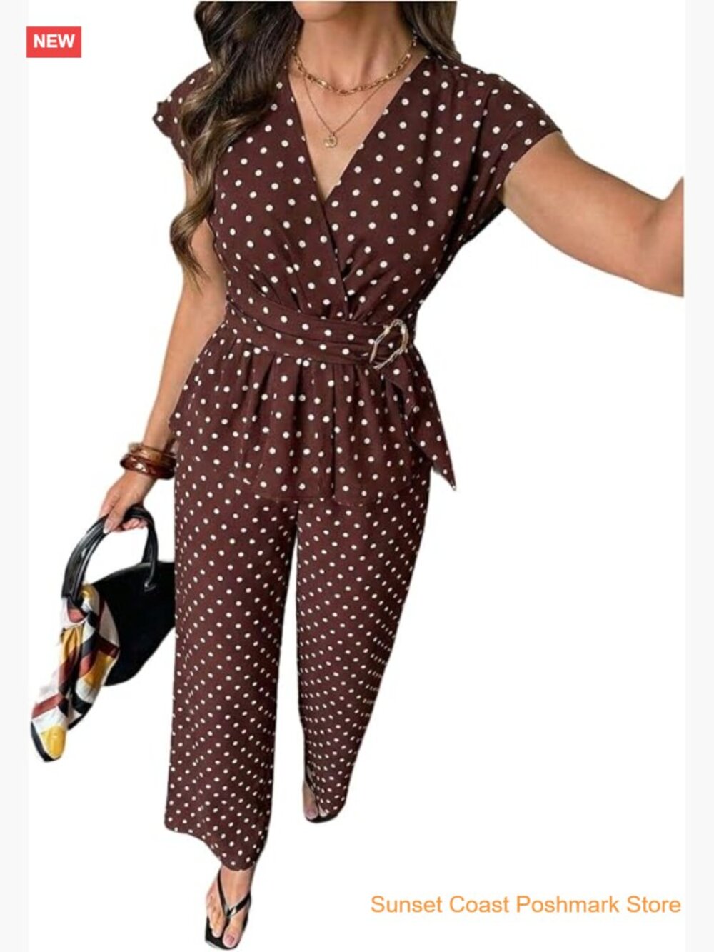 Women's 2 Piece Polka Dots Wrap V Neck Peplum Top and Pants Set Business Casual